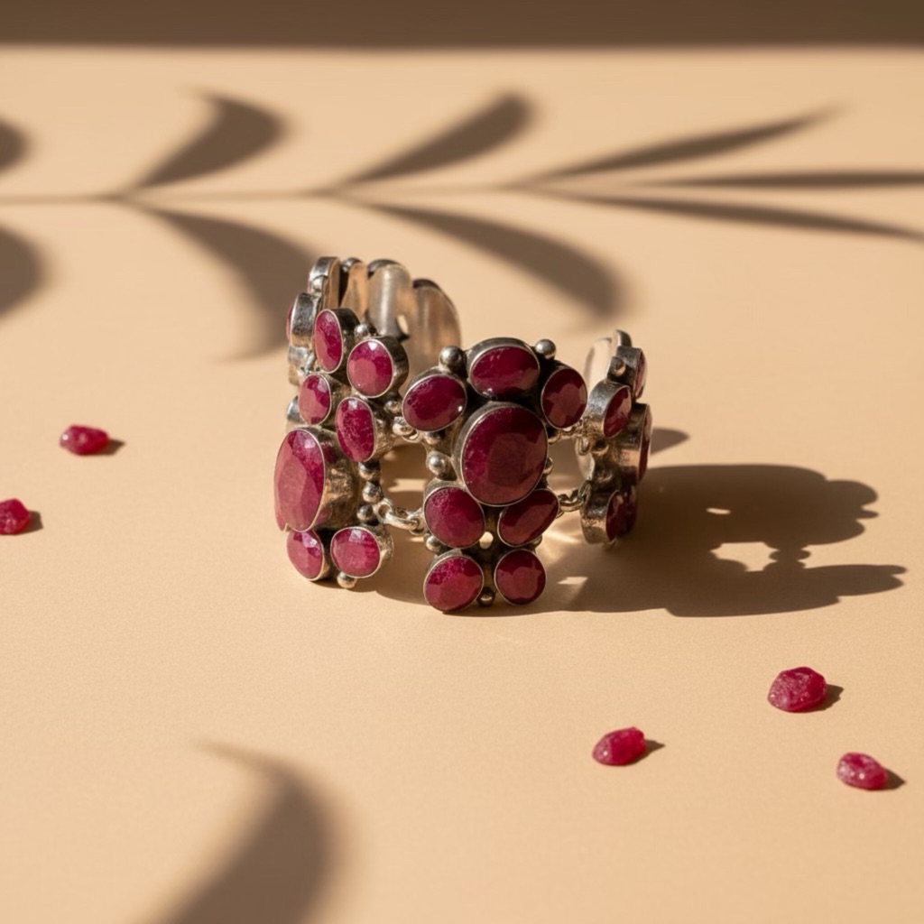 Elegant Vintage Sterling Silver & Ruby Gemstone Bracelet